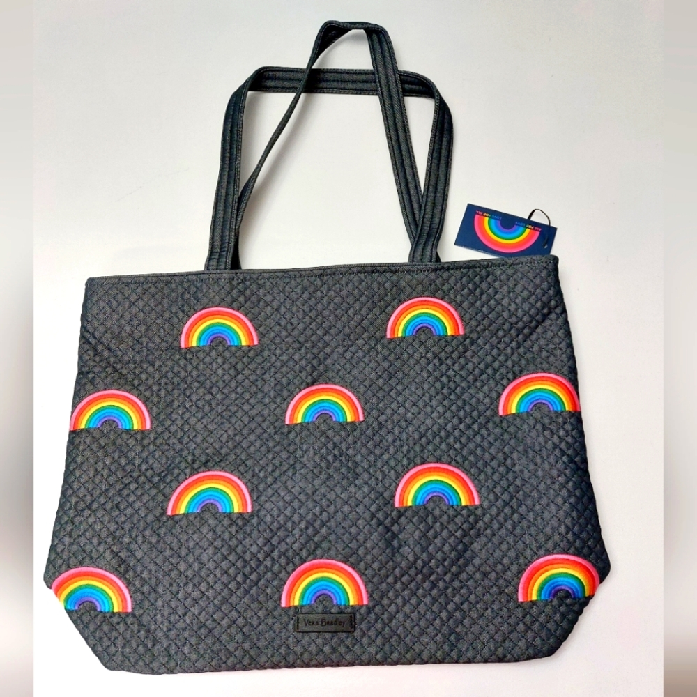 Vera Bradley Lmt Ed Large Vera Tote Embroidered Rainbows Denim Navy NWT